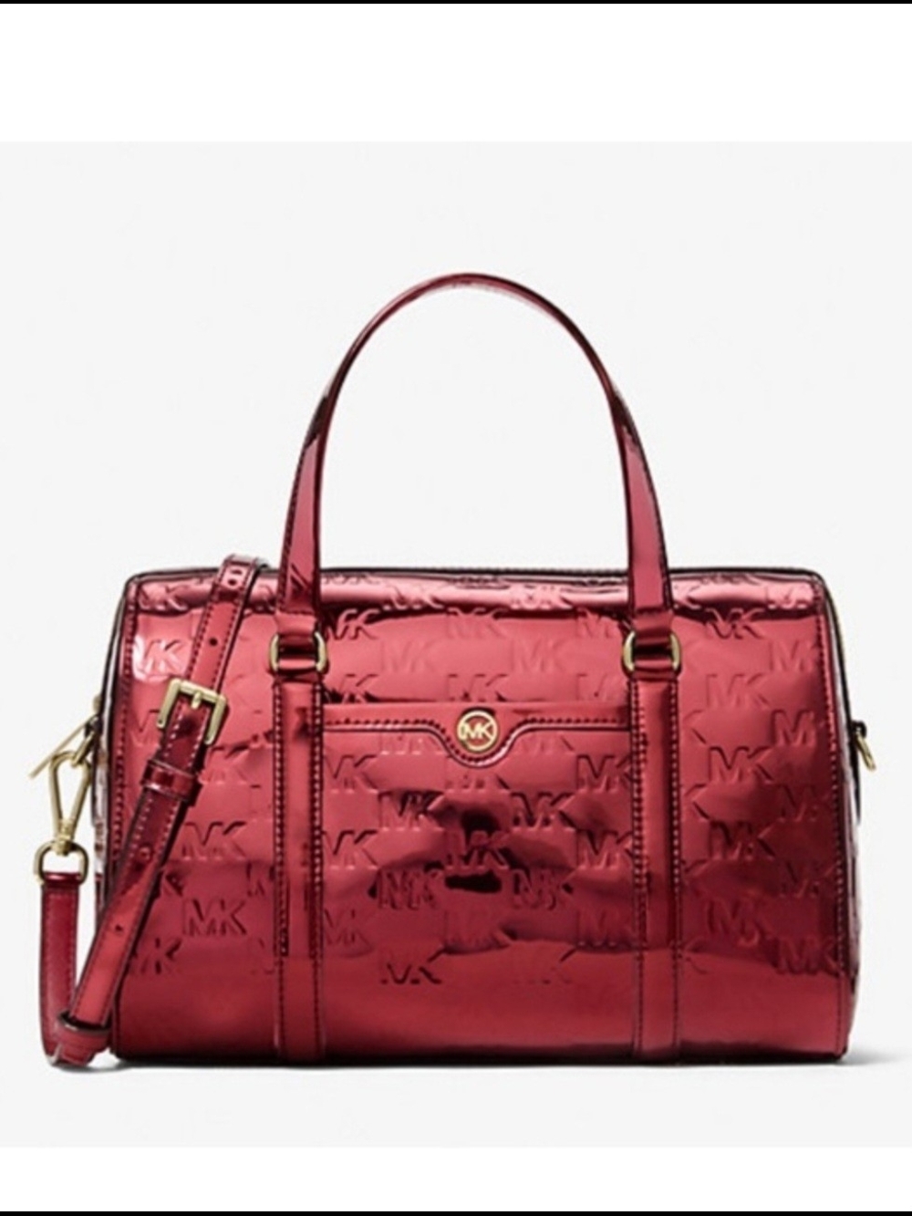 MICHAEL KORS Jet Set Medium Metallic Logo Debossed Duffle/Satchel Cherry NWT
